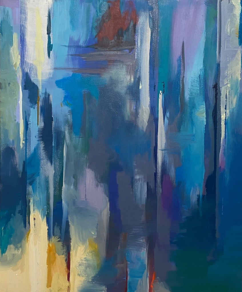 A predominantly blue painting marked with vertical lines of gray, white, yellow, and darker blue. Near the top center there is an irregular splash of ruddy red, while the lower left corner is dominated by bright yellows and oranges. About a quarter of the way down from the top a cluster of three gray lines sweeps from the center to the left third of the painting.